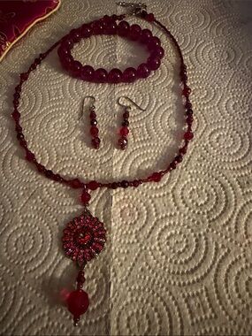 Red Beaded Crystal Pendant Necklace and Earring Set and bracelet set